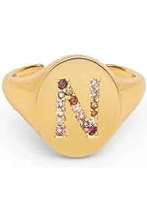 SINGULARU Anello Personalizzato Signet Letter Colors. Ottone con Finitura Placcata 18Kt. Anello con Motivo Lettera e Zirconi Colorati. Gioielli da Donna. Lettera N