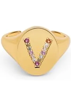 SINGULARU Anello Personalizzato Signet Letter Colors. Ottone con Finitura Placcata 18Kt. Anello con Motivo Lettera e Zirconi Colorati. Gioielli da Donna. Lettera V