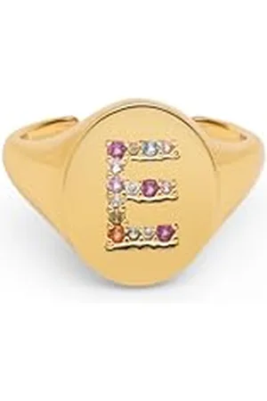 SINGULARU Anello Personalizzato Signet Letter Colors. Ottone con Finitura Placcata 18Kt. Anello con Motivo Lettera e Zirconi Colorati. Gioielli da Donna. Lettera E
