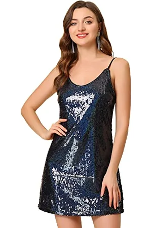 Allegra K Mini Abito da Donna Scintillante con Glitter e Paillettes, Spalline Sottili e Scollo a V, Adatto per Feste, Cocktail, Discoteca, , S