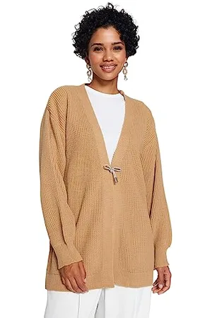 Trendyol Donne Dritto Maniche Lunghe Regolare Hijab Cardigan Maglione, Beige, S Donna