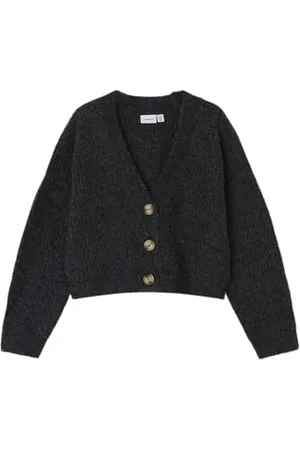 NAME IT Nkfholly Boxy Short Knit Card Noos Maglione Cardigan, Misto Grigio Scuro, 116 Bambina