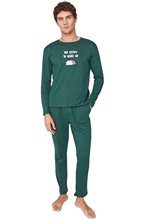 Trendyol Herren mit Slogan Dünn Gestrickt T-Shirt-Hose Pyjama Set Pigiama, , L da Donna