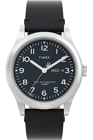 Timex Orologio da uomo Waterbury, 39 mm, cinturino a sgancio rapido in due pezzi in pelle nera, quadrante nero, cassa in acciaio inox TW2W14700