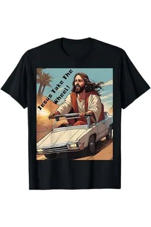 Fun Shirts Caos come Gesù su un lungo viaggio con cielo blu e deserto secco. Maglietta