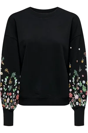 ONLY Onlbrooke L/S O-Neck Flower Swt, Felpa Donna, Black/Print:Sleeve Flower, XS