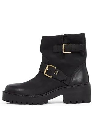 Tommy Hilfiger Donna Stivali Mezza Gamba Biker Double Buckle in Pelle, (Black), 38