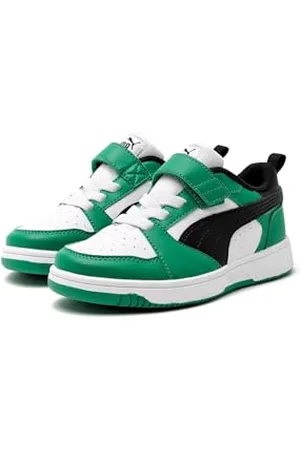 PUMA Rebound V6 Lo AC+ PS, Scarpe da Ginnastica Unisex-Bambini, White Black-Archive Green, 28 EU