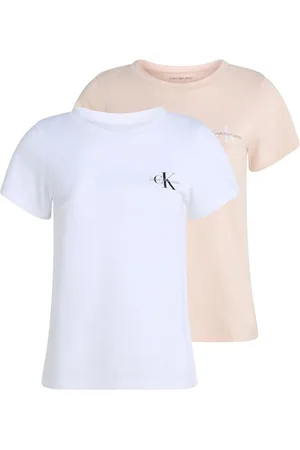 Calvin Klein Donna T-shirt Maniche Corte Confezione da 2 Monologo Tee Slim Fit, Multicolore (Silver Peony/Brilliant White), XL