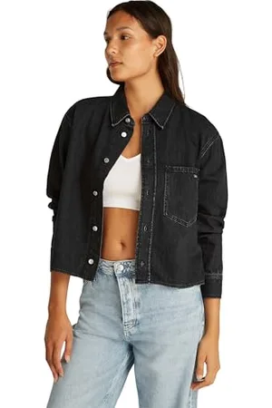 Calvin Klein Donna Camicia in Jeans Cropped Dad Shirt con Taschino sul Petto, Nero ( Black), M