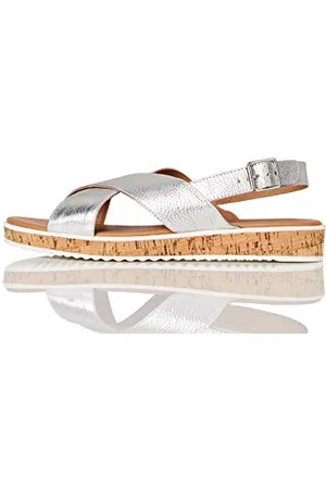 FIND FIND Crossover Cork Sole Leather - Sandali con zeppa Donna, Argento (Silver Silver), 36 EU