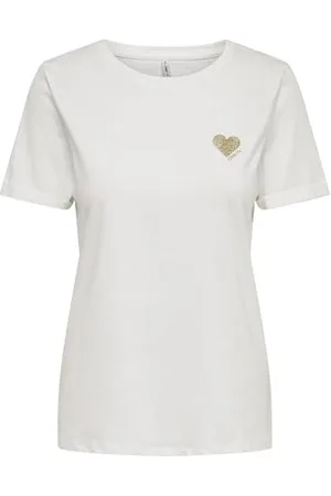 ONLY Onlkita Life S/S Logo Top Noos T-Shirt, Cloud Dancer/Print:Gold Glitter Heart, XS Donna