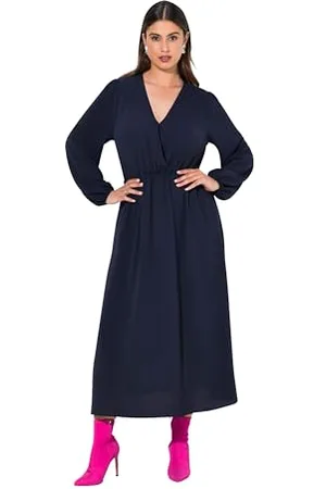 Ulla Popken Midikleid, Wickeloptik, A-Linie, V-Ausschnitt, Langarm Vestito, , 52-54 Donna
