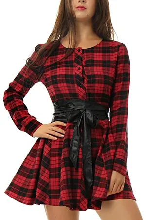 Allegra K Donna Abito Camicia a Quadri Manica Lunga Cintura Trapezio Vestito Natale Nero e M
