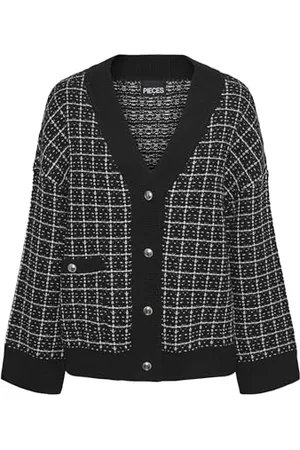Pieces® Pcnilja Knit Shacket Pa BC Maglione Cardigan, Black/Checks: Bianco e Argento Lurex, XS Donna