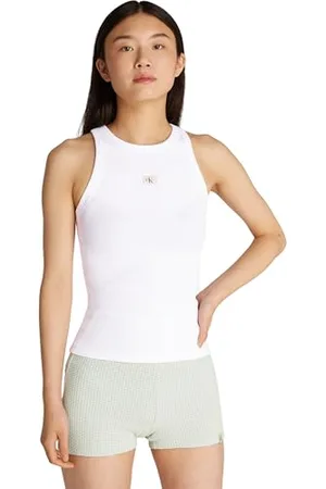 Calvin Klein Donna Canotta Woven Label Rib Slim Fit, Bianco (Brilliant ), XS