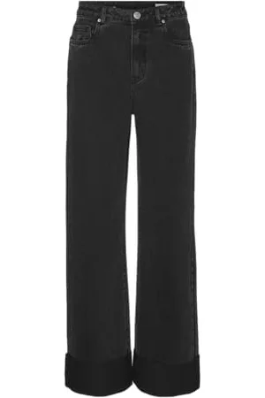 VERO MODA Vmkathy Gu1215-Jeans SHR Wide Fold Up Jeans, Nero, 28W x 32L Donna