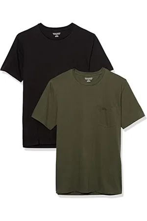 Amazon Maglietta Girocollo a Maniche Corte con Taschino Uomo, Pacco da 2, Nero/Verde Oliva, S