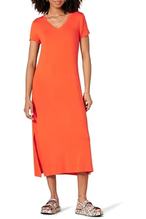 Amazon Abito Midi a Maniche Corte con Scollo a V in Jersey Donna, , XXL