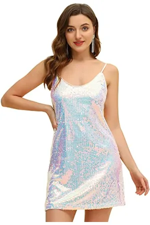 Allegra K Mini Abito da Donna Scintillante con Glitter e Paillettes, Spalline Sottili e Scollo a V, Adatto per Feste, Cocktail, Discoteca, Bianco, Blu, M