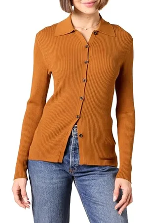 Amazon Cardigan Stile Polo Elasticizzato a Costine con Spessore Sottile (in precedenza Daily Ritual) Donna, , XS
