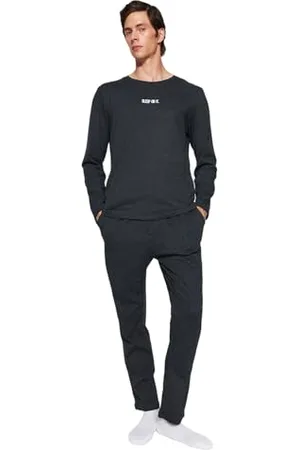 Trendyol Man Motto Knitted T-Shirt-Trousers Pajama Set Pigiama, , M Uomo