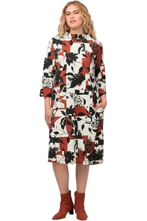 Ulla Popken Sweatkleid mit Kragen und Blätterdruck Vestiti Donna, , 60-62