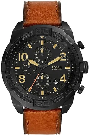 Fossil Orologio Bronson da uomo, movimento cronografo, cassa in acciaio inossidabile nero da 50 mm con cinturino in pelle, FS5714