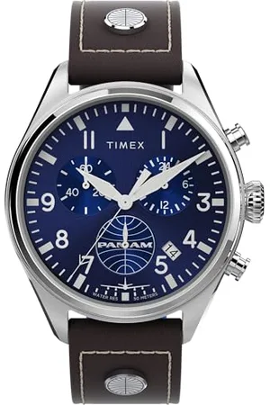 Timex Orologio cronografo da uomo, 42 mm, cinturino in pelle in due pezzi, quadrante blu, cassa in acciaio inox TWG030000