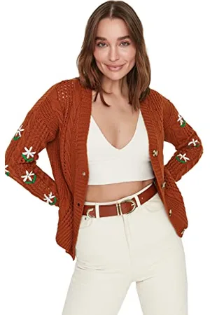 Trendyol Cardigan Donna Regolare Standard Scollo A V Maglieria Maglione, Piastrelle Rosse, M