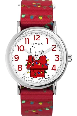 Timex Orologio da donna Peanuts da 38 mm, cinturino in tessuto slip-thru rosso, quadrante bianco, cassa argentata TW2W80800