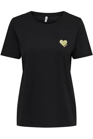 ONLY Onlkita Life S/S Logo Top Noos T-Shirt, Black/Print:Gold Glitter Heart, XL Donna
