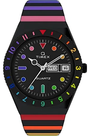 Timex Orologio da donna Q da 36 mm, cinturino elastico in acciaio inox nero, quadrante nero, cassa nera TW2V65900