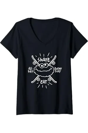 Sesamstraat Donna Skate All Day Every Day White, Maglietta con Collo a V