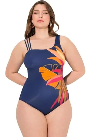 Ulla Popken Badeanzug, Blätter, Softcups, Dreier-Träger, Recycelt Costume Intero, , 56 Donna
