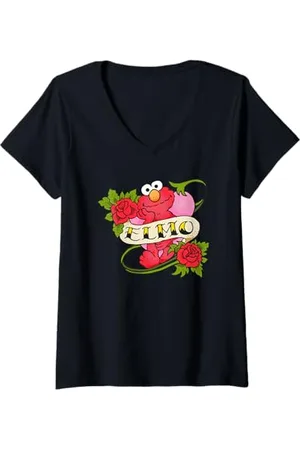 Sesamstraat Donna Elmo Tattoo Roses, Maglietta con Collo a V