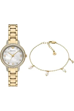 Emporio Armani Donna Orologio in Acciaio Inossidabile Dorato e Bracciale in Ottone, Set