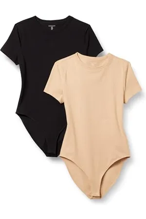 Amazon Body a Maniche Corte Aderente in Cotone Elasticizzato Donna, Pacco da 2, , XL