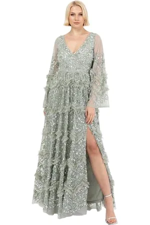Maya Deluxe Ladies Womens Maxi Dress V Neckline Sequin with Ruffle Empire Waist Slit Split for Prom Ball Bridesmaid Wedding Guest Vestito, , 48 Donna
