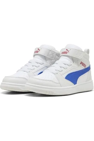 PUMA Rebound V6 Mid AC+ PS, Scarpe da Ginnastica Unisex - Bambini e Ragazzi, White Vivid Blue Feather Gray, 28 EU