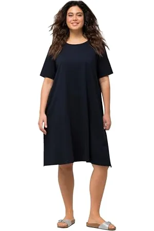 Ulla Popken Abito in Jersey, Linea A, Girocollo, Mezze Maniche, Tasche 819165 Vestito, , 52-54 Donna