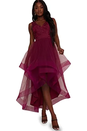 Chi Chi London Abito Longuette Ricamato con Scollo a V con Gonna a Rete Vestito da Cocktail, , 42 Donna