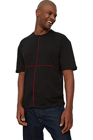 Trendyol Maglietta da Uomo Nera, vestibilità Rilassata, 100% Cotone, Colletto Rotondo, a Contrasto, Karyoca, Cuciture T-Shirt, , S