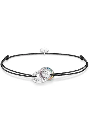 Thomas Sabo Bracciale da donna in tessuto con due anelli pietre colorate argento annerito, argento sterling 925, lunghezza: 22 cm, A2085-318-7-L22V, 22 cm, Argento sterling Argento sterling