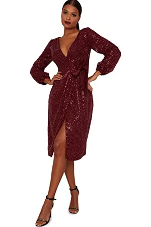 Chi Chi London Abito Midi da Festa con Paillettes e Design Avvolgente in Rosso Vestito da Cocktail, , 40 Donna