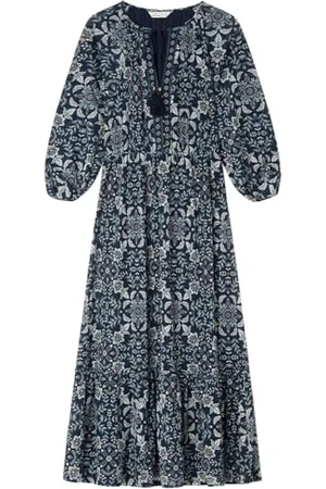 Springfield Vestido Midi con Mangas 3/4 Voluminosas Y Cintura Elástica con Cinturón En Tejido Propio Vestito, , L Donna