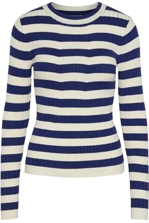 Pieces® Pccrista LS O-Neck Knit Noos BC Maglione Lavorato a Maglia, Bellwether-Strisce di Betulla, Colore: Blu, M Donna