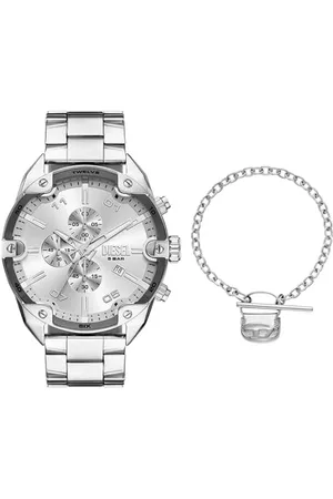 Diesel Uomo Orologio e Bracciale in Acciaio Inossidabile Argento con Borchie, Set