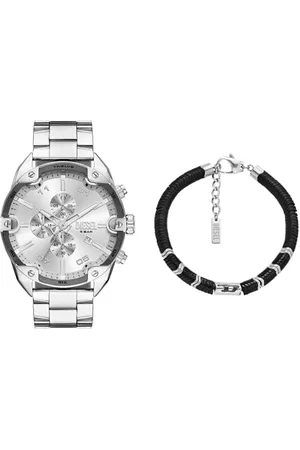 Diesel Uomo Orologio e Bracciale D Logo in Pietre Semi-Preziose Argento con Borchie, Set