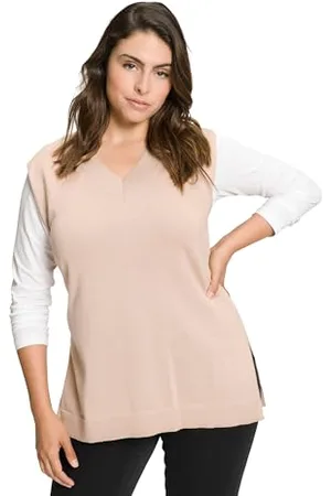 Ulla Popken Pullunder, tiefer V-Ausschnitt, Seitenschlitze, Ärmellos Pullover, Beige, 56-58 Donna